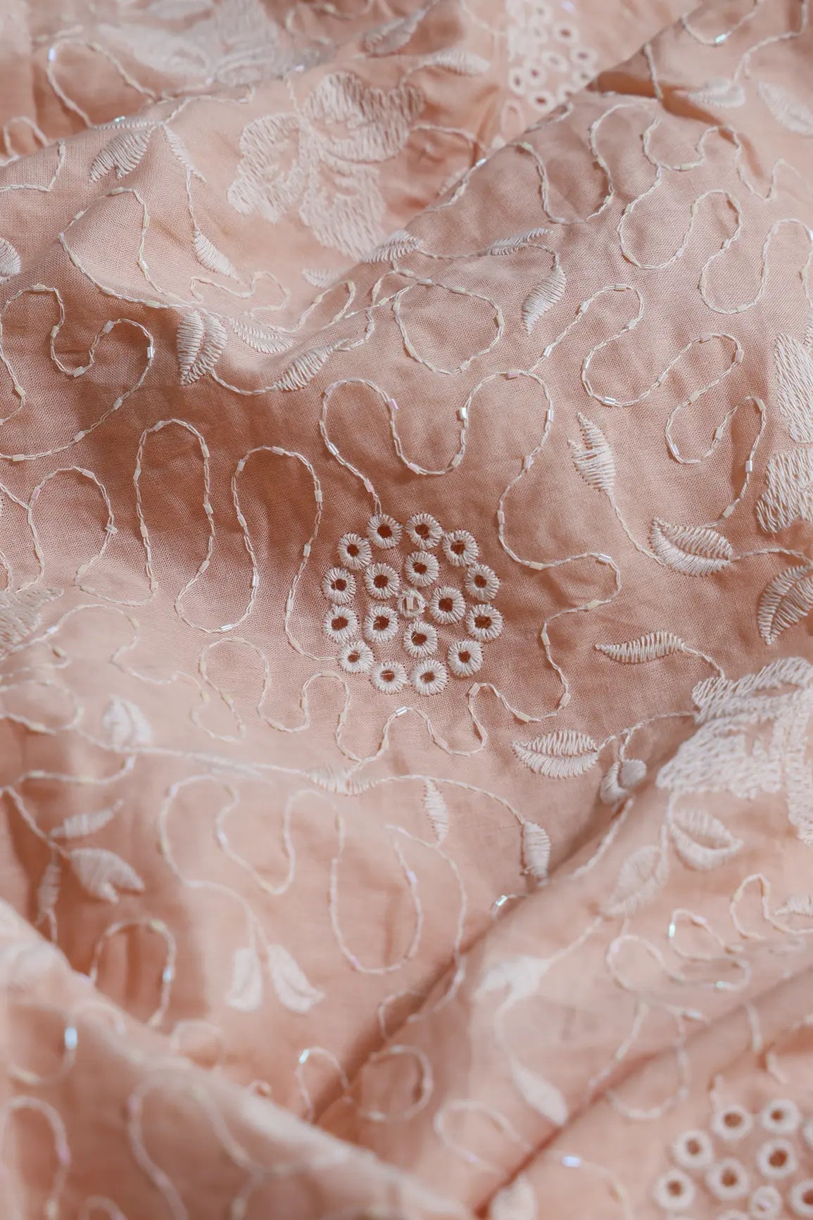 Heavy Boring Work With Beads Embroidery Design On Peach Pure Mul Cotton Fabric - doeraa