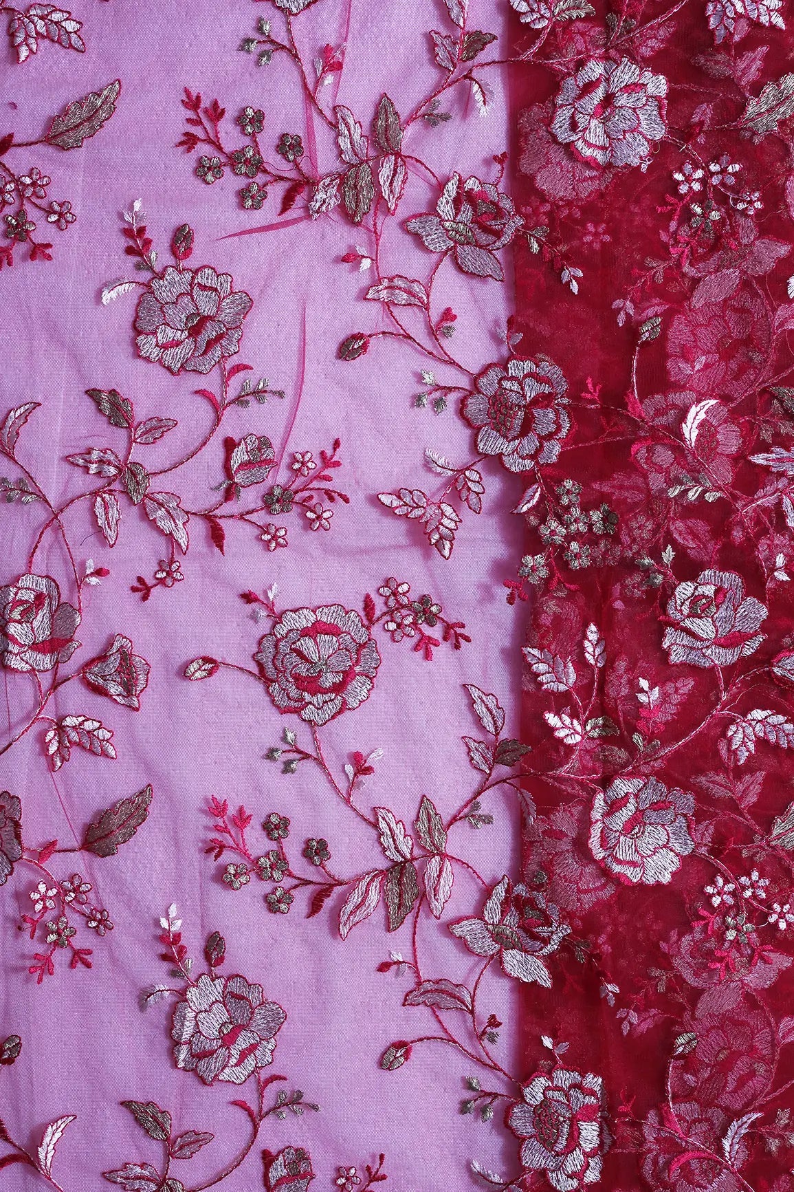 Heavy Floral Beige And Cherry Red Thread Work Embroidery On Cherry Red Soft Net Fabric - doeraa