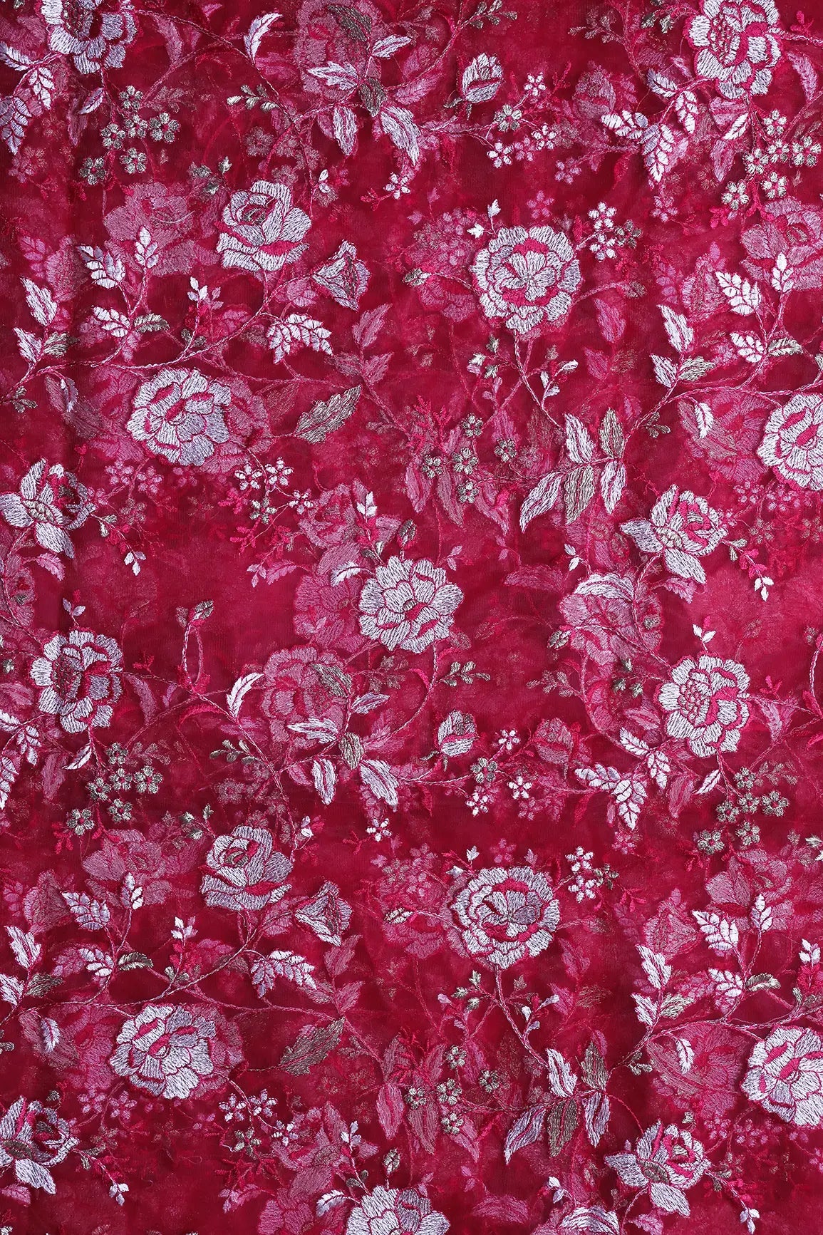 Heavy Floral Beige And Cherry Red Thread Work Embroidery On Cherry Red Soft Net Fabric - doeraa