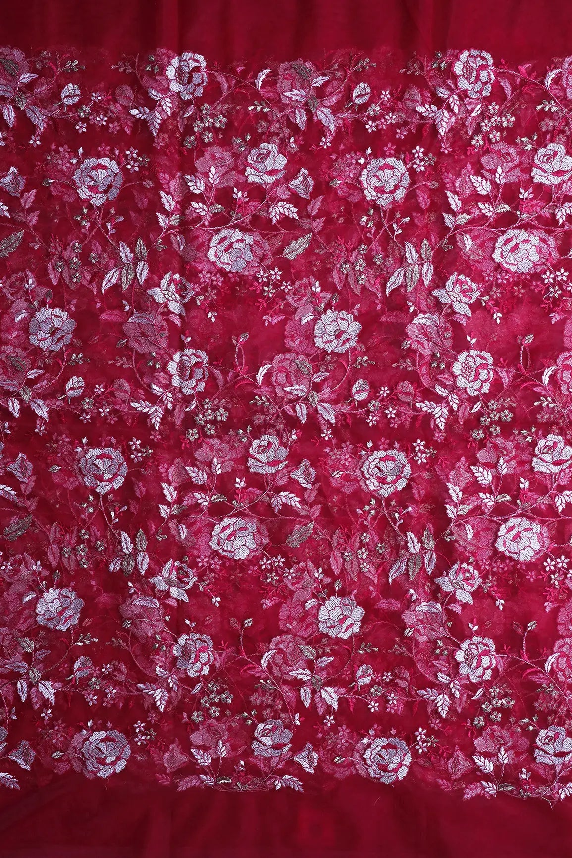 Heavy Floral Beige And Cherry Red Thread Work Embroidery On Cherry Red Soft Net Fabric - doeraa