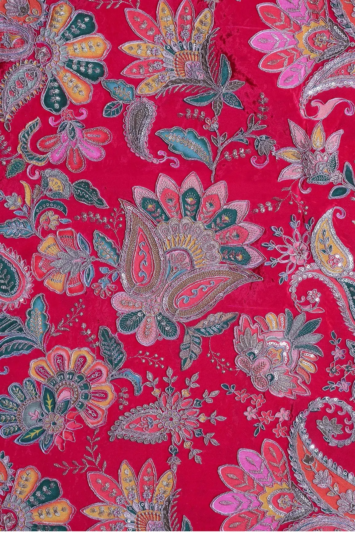 Heavy Gold Zari With Sequins Floral Embroidery On Dark Rani Crepe Fabric - doeraa