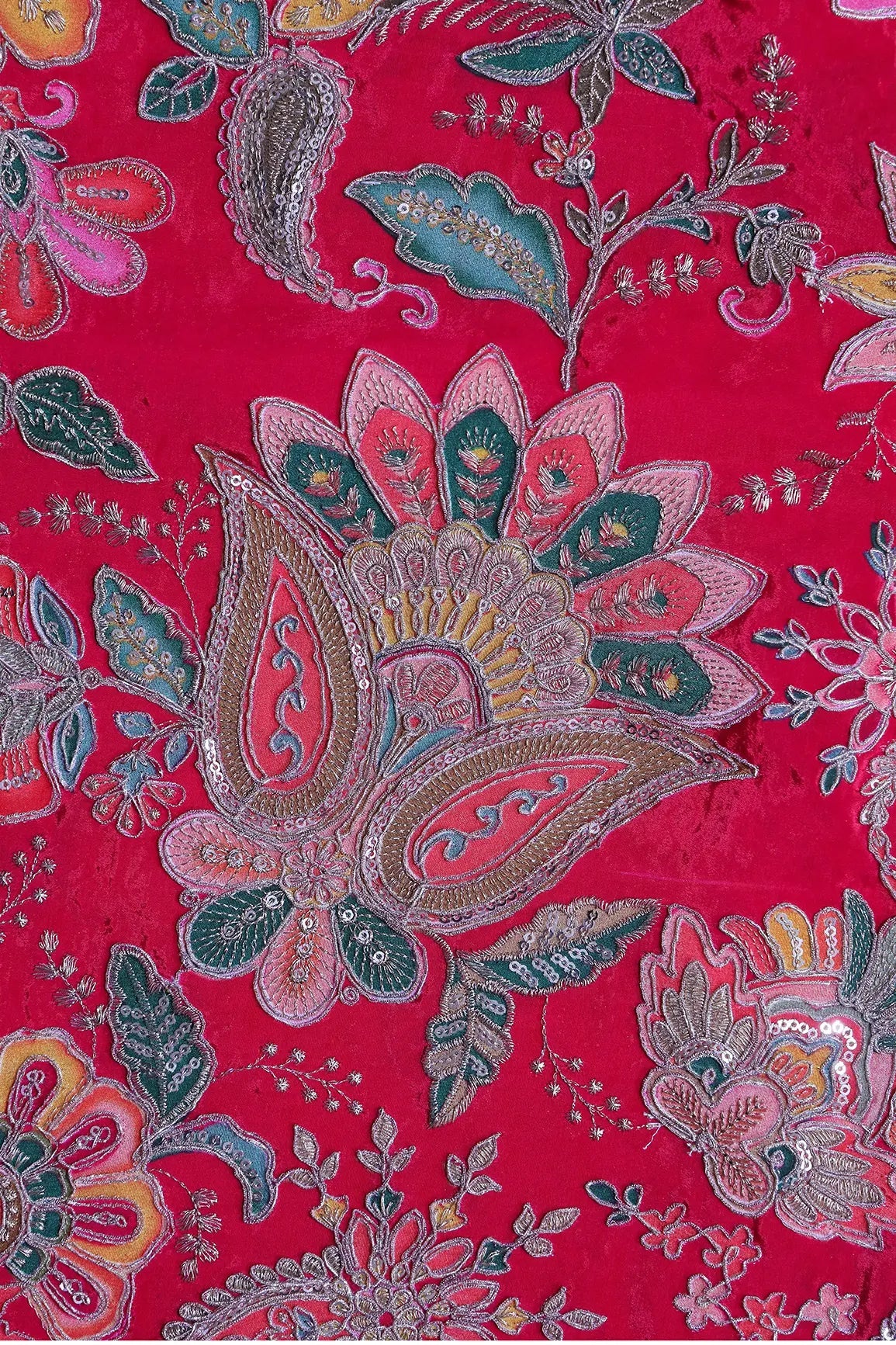 Heavy Gold Zari With Sequins Floral Embroidery On Dark Rani Crepe Fabric - doeraa