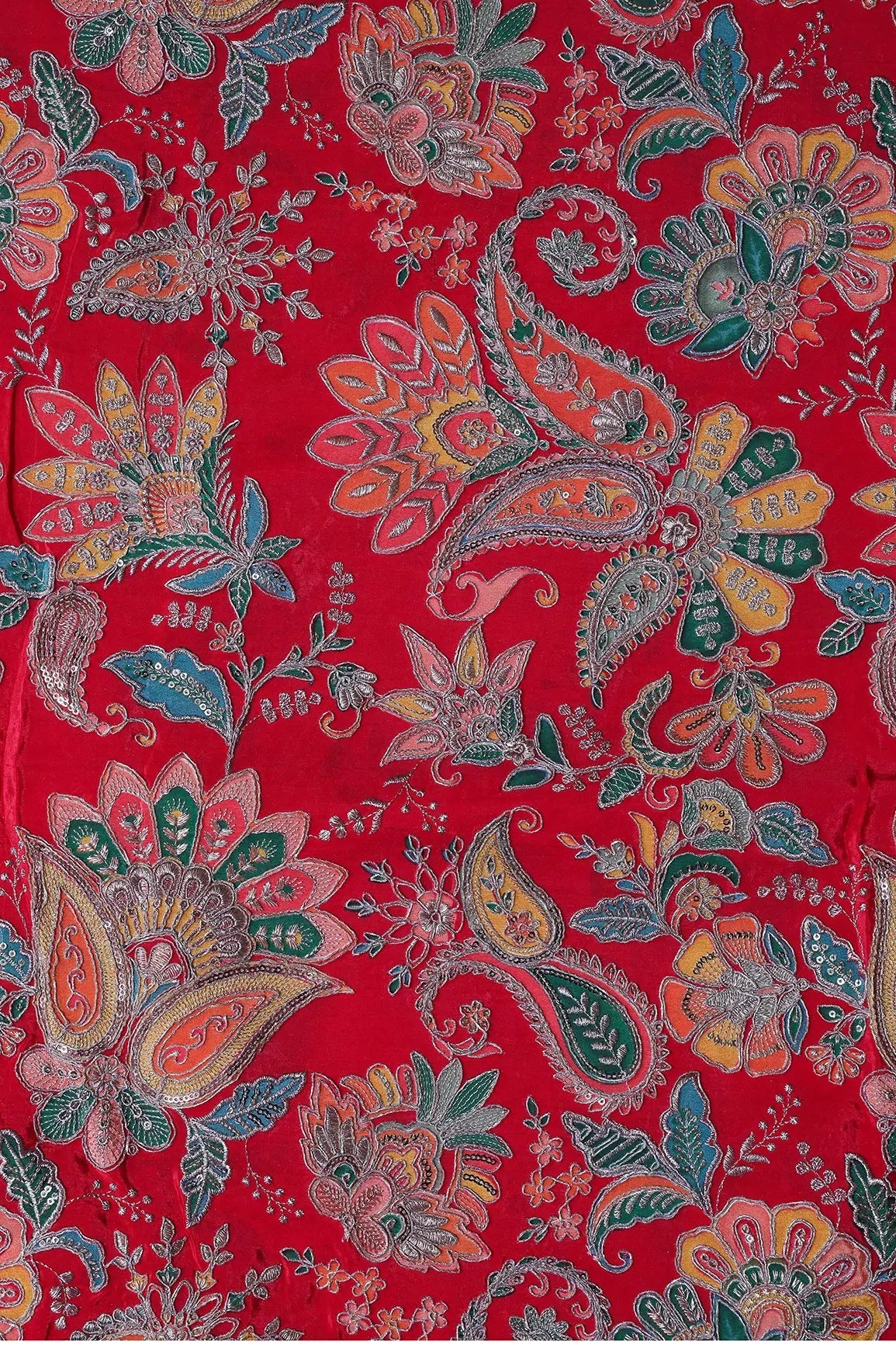 Heavy Gold Zari With Sequins Floral Embroidery On Red Crepe Fabric - doeraa