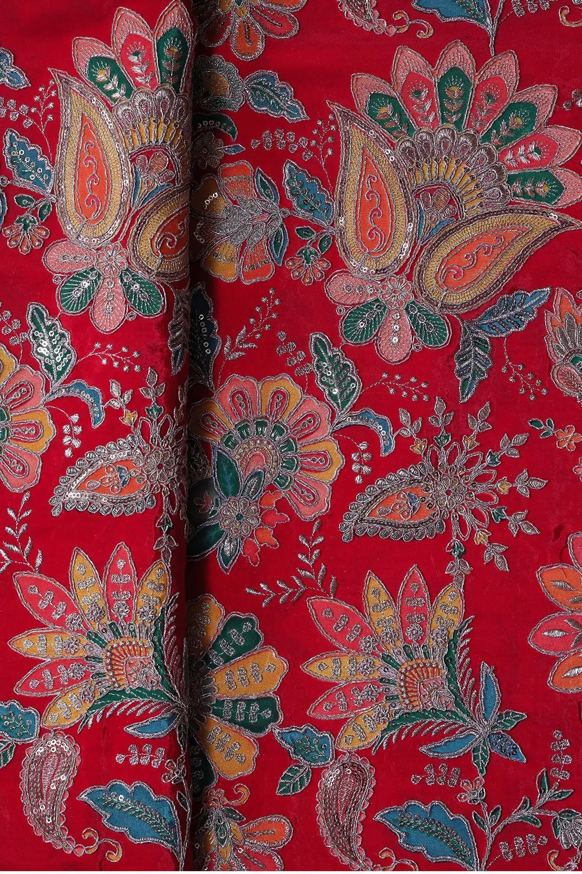 Heavy Gold Zari With Sequins Floral Embroidery On Red Crepe Fabric - doeraa