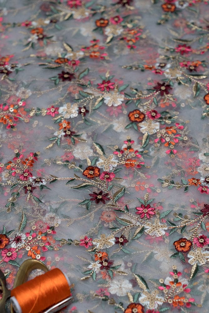 Heavy Multi Coloured Thread Embroidery On Cloudy Grey Soft Net Fabric - doeraa