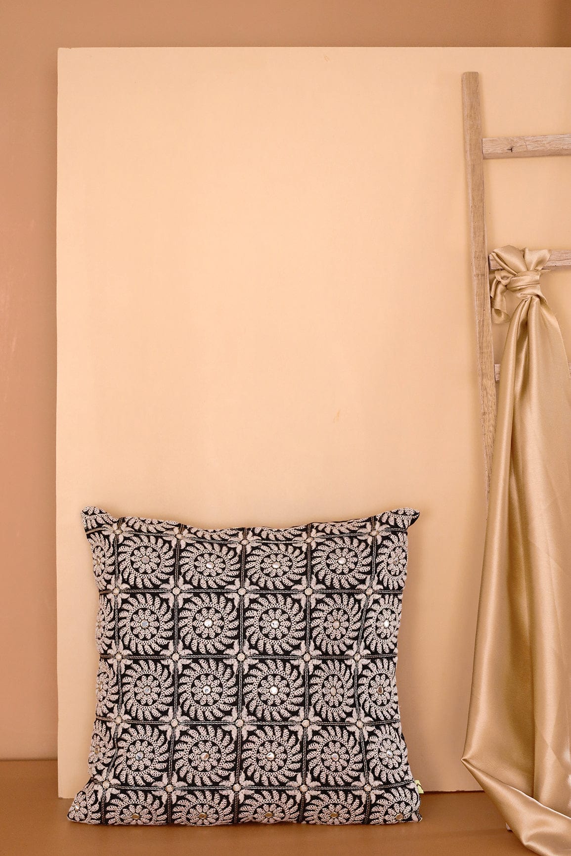 Heavy White Embroidery on Black cotton Cushion Cover (16*16 inches) - doeraa