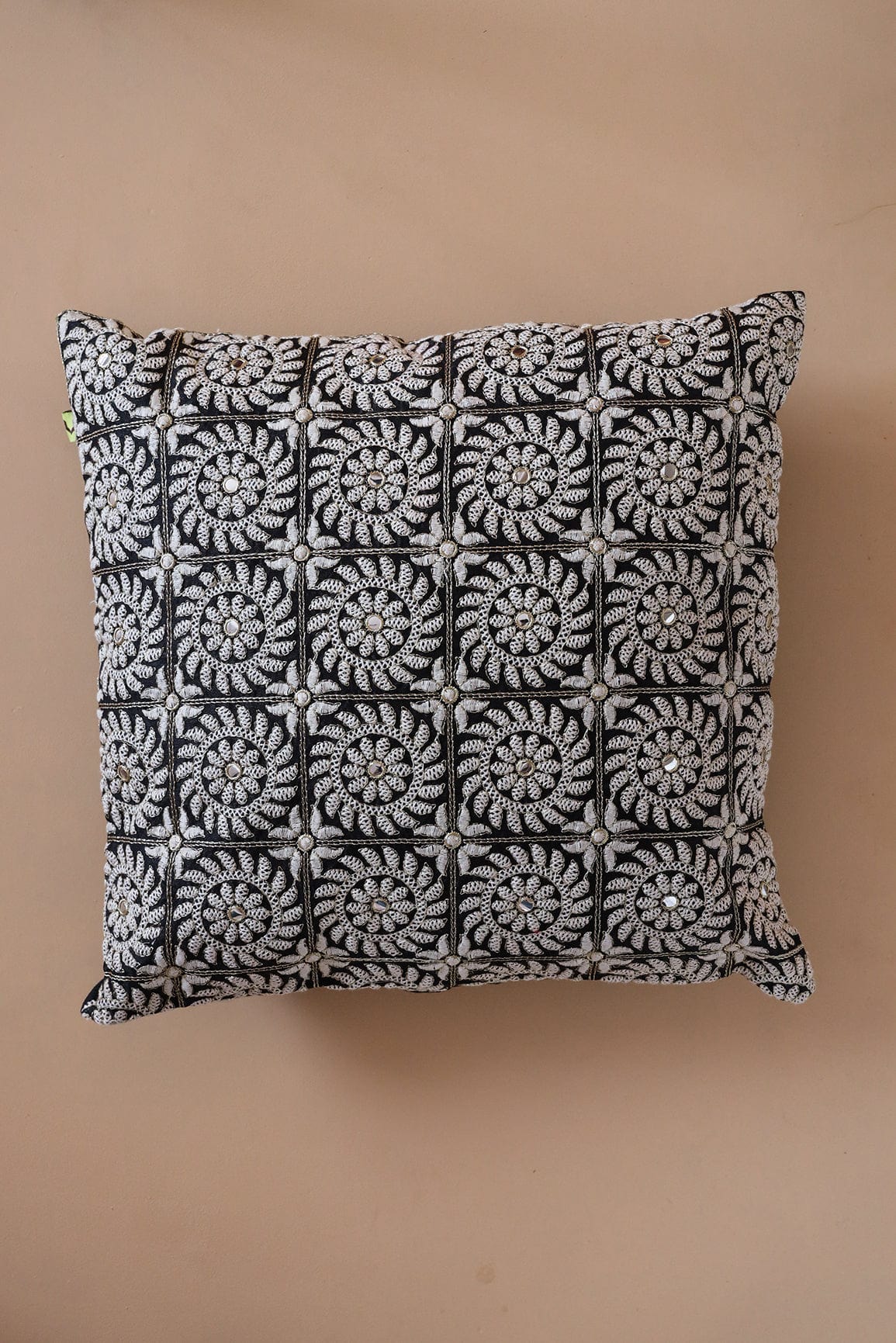 Heavy White Embroidery on Black cotton Cushion Cover (16*16 inches) - doeraa