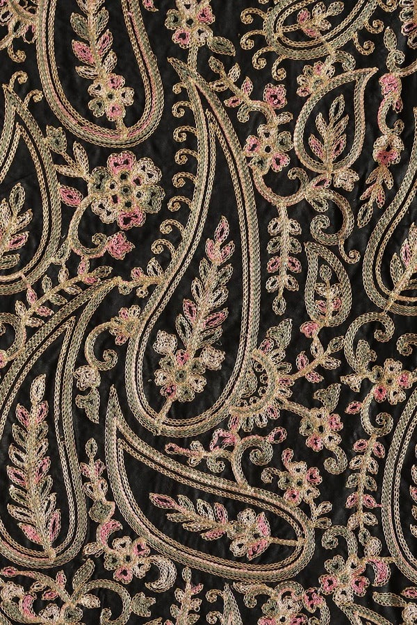 Multi Thread Beautiful Heavy Paisley Kashmiri Embroidery Work On Black Pure Mul Cotton Fabric