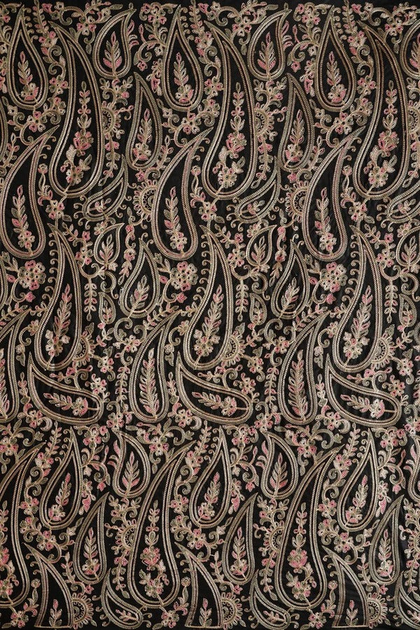 Multi Thread Beautiful Heavy Paisley Kashmiri Embroidery Work On Black Pure Mul Cotton Fabric