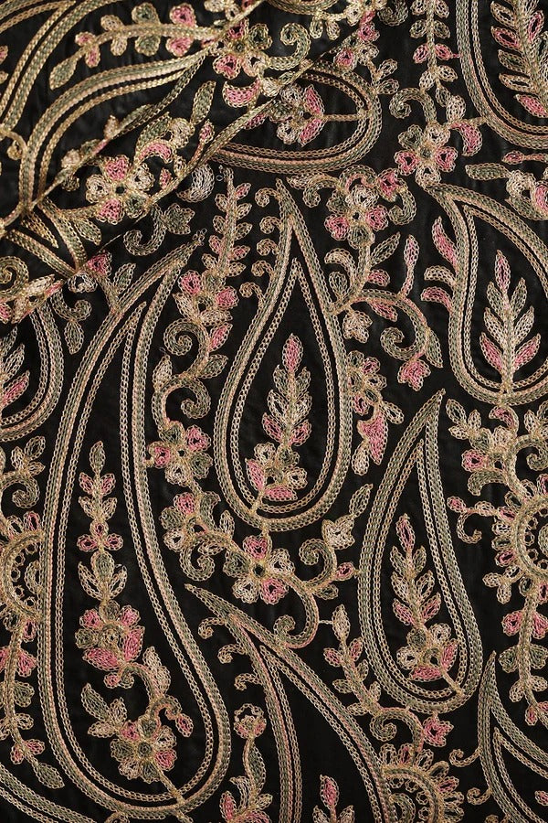 Multi Thread Beautiful Heavy Paisley Kashmiri Embroidery Work On Black Pure Mul Cotton Fabric