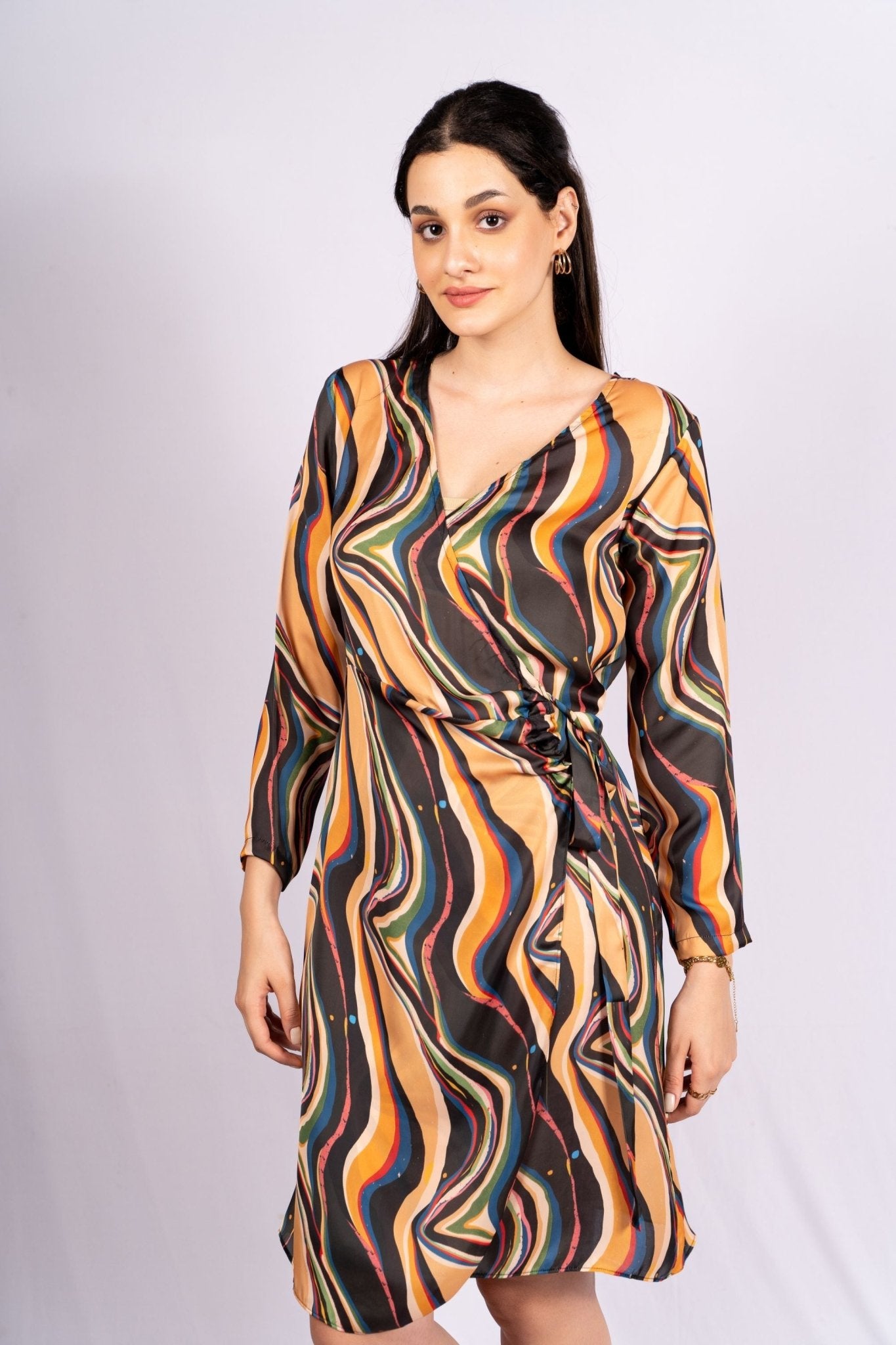Inara Abstract Satin Wrap Dress - doeraa