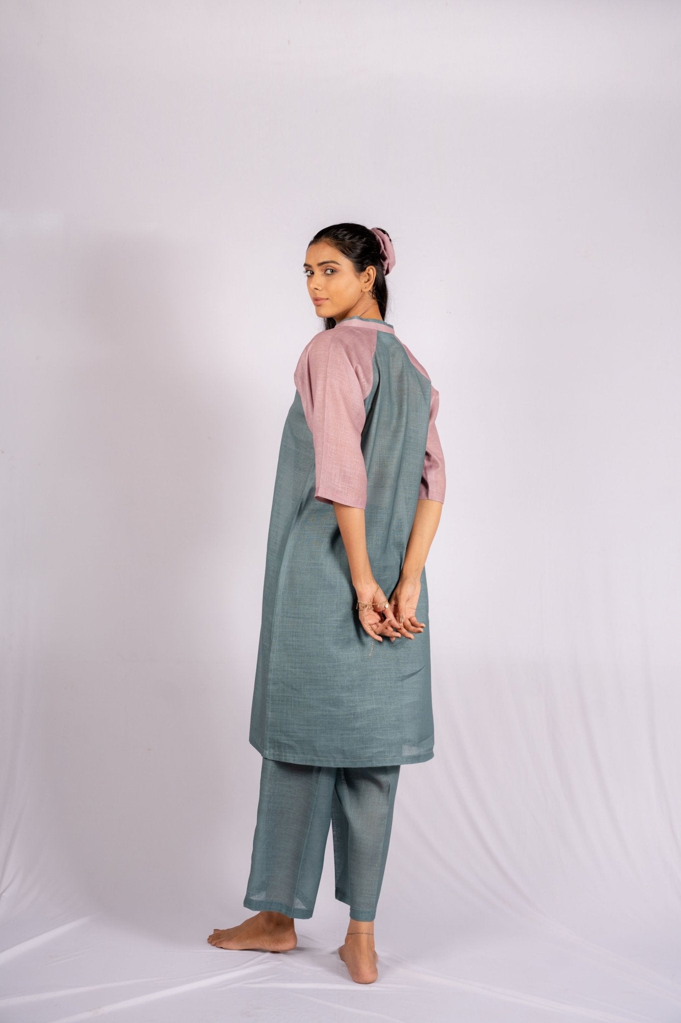 Ivy Two - tone Solid Color Linen Indian Co - ord Set - doeraa