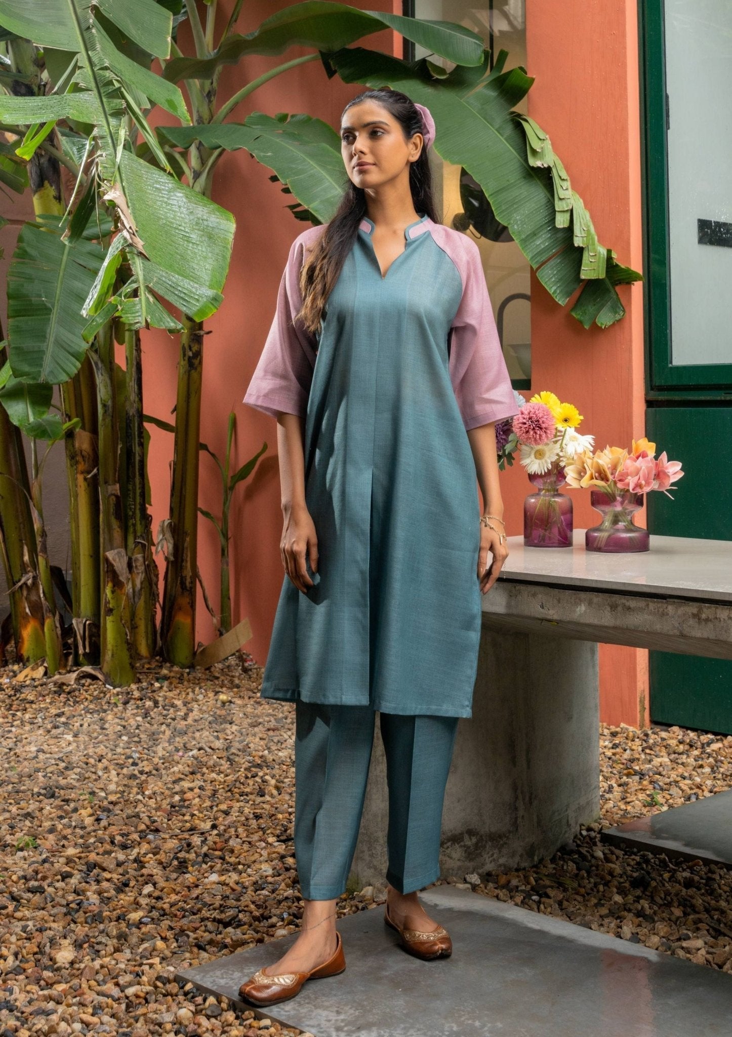 Ivy Two - tone Solid Color Linen Indian Co - ord Set - doeraa