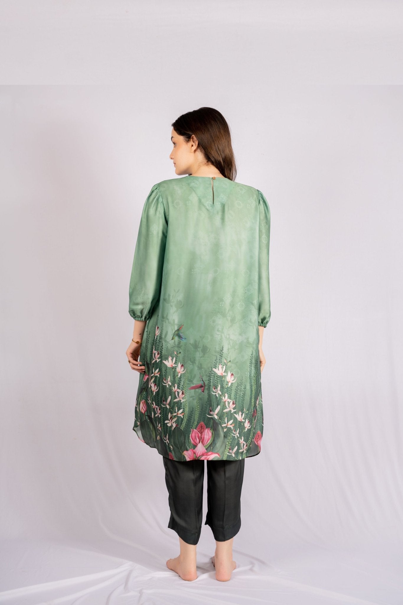 Jade Floral Green Satin Indian Co - ord Set - doeraa