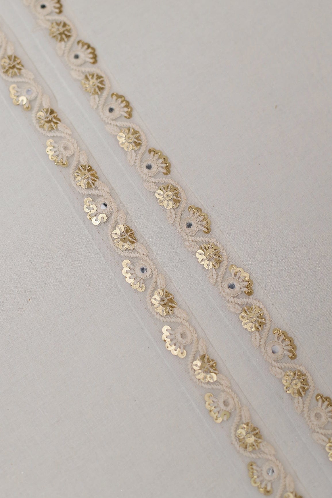 doeraa Laces Dyeable White Thread Work With Floral Sequins And Faux Mirror Embroidered Lace (9 Meters)