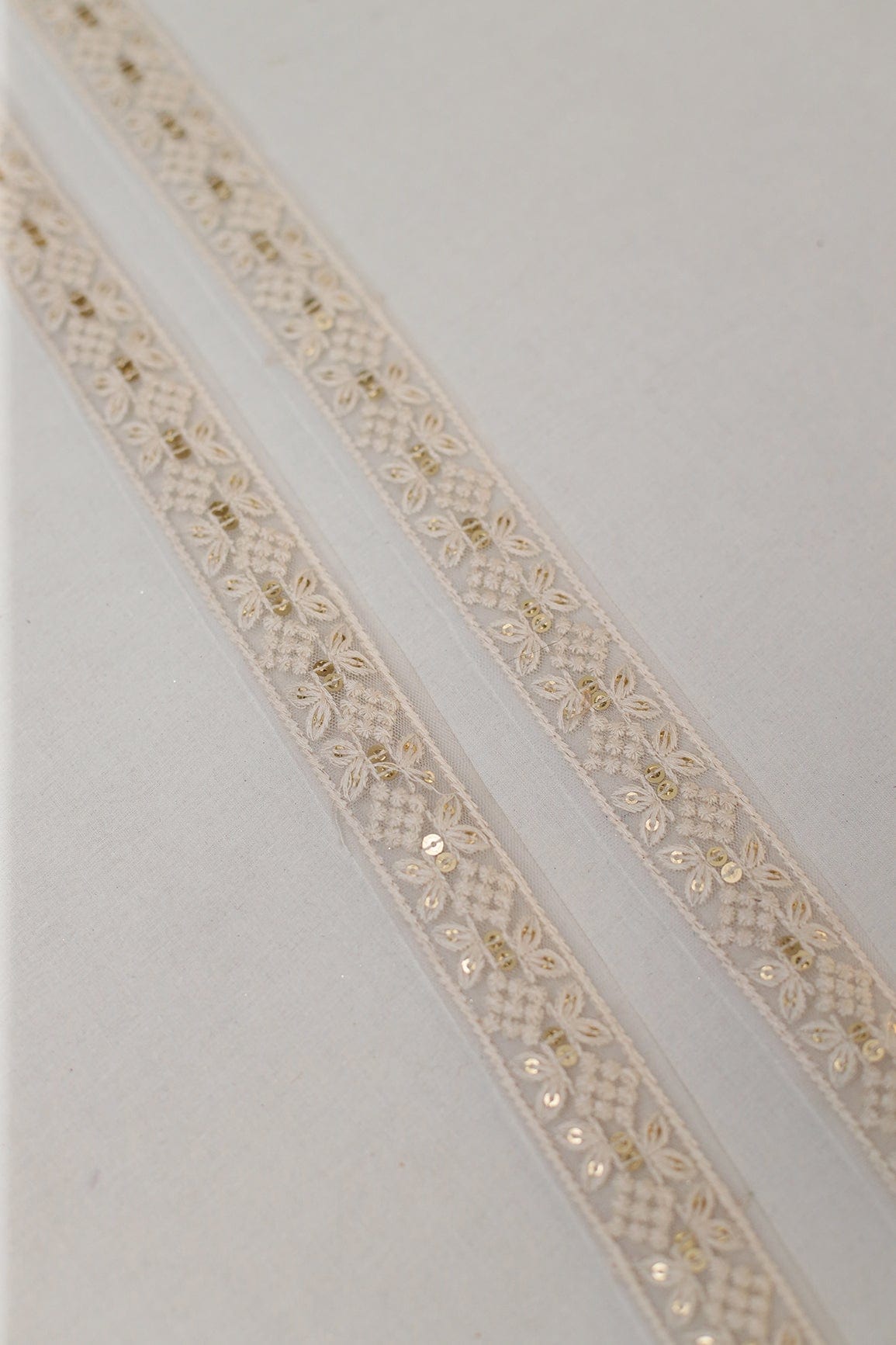 doeraa Laces Dyeable White Thread Work With Gold Sequins Embroidered Lace (9 Meters)