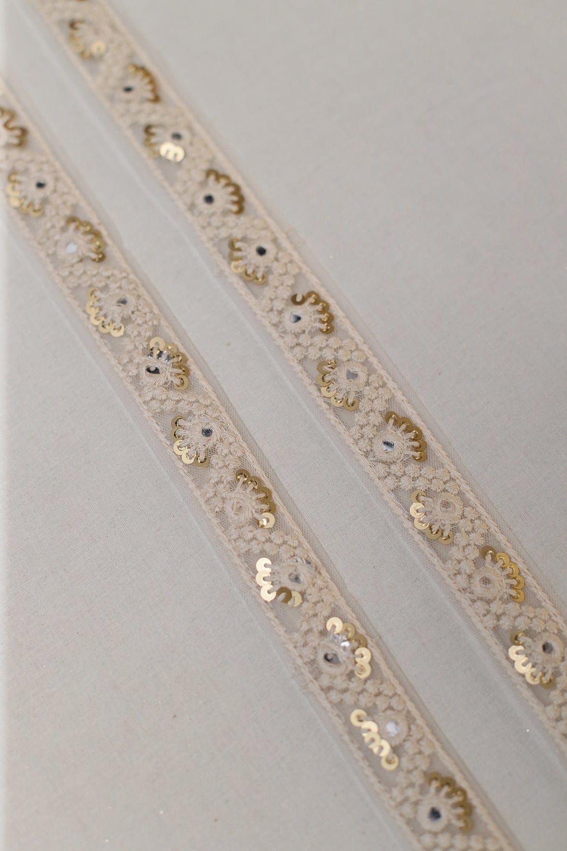 doeraa Laces Dyeable White Thread Work With Sequins And Faux Mirror Embroidered Lace (9 Meters)