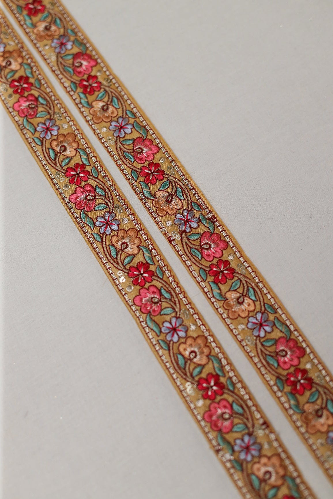 doeraa Laces Multi Color Floral Thread Work With Gold Sequins Mustard Embroidered Lace (9 Meters)