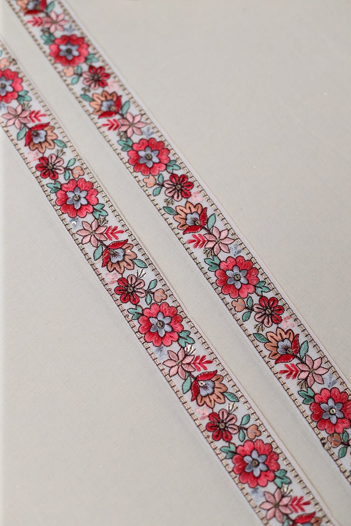 doeraa Laces Multi Color Floral Thread Work With Gold Sequins White Embroidered Lace (9 Meters)