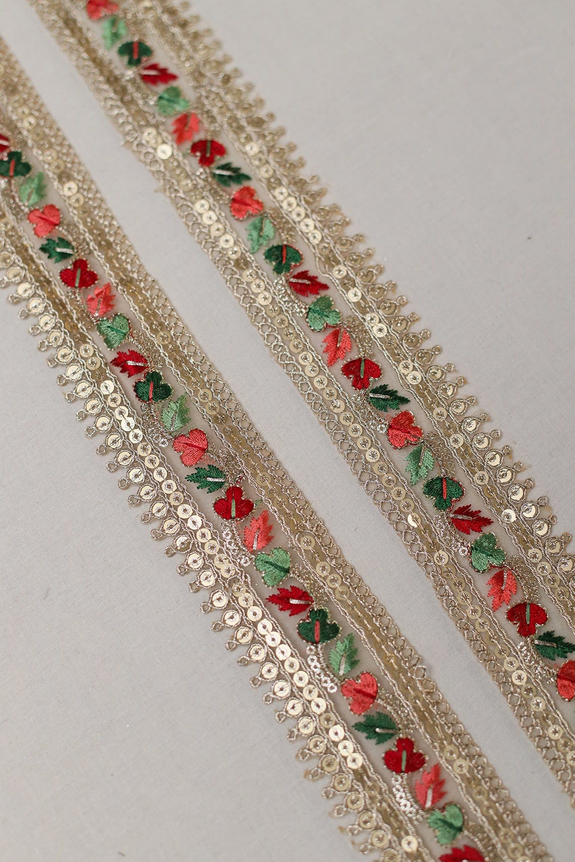 doeraa Laces Multi Color Leafy Thread Work With Gold Sequins Embroidered Lace (9 Meters)