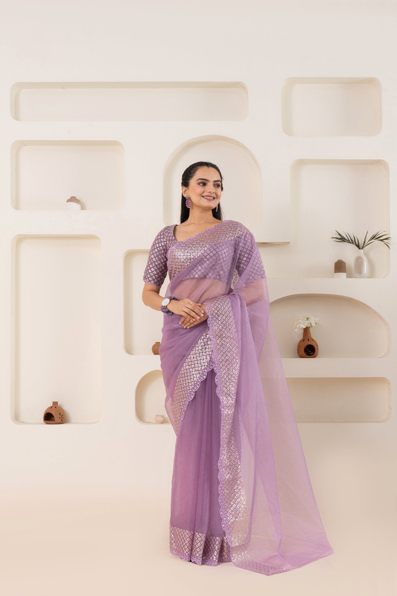 Lavender Embroidery Saree Set (Saree With Blouse Piece) - doeraa
