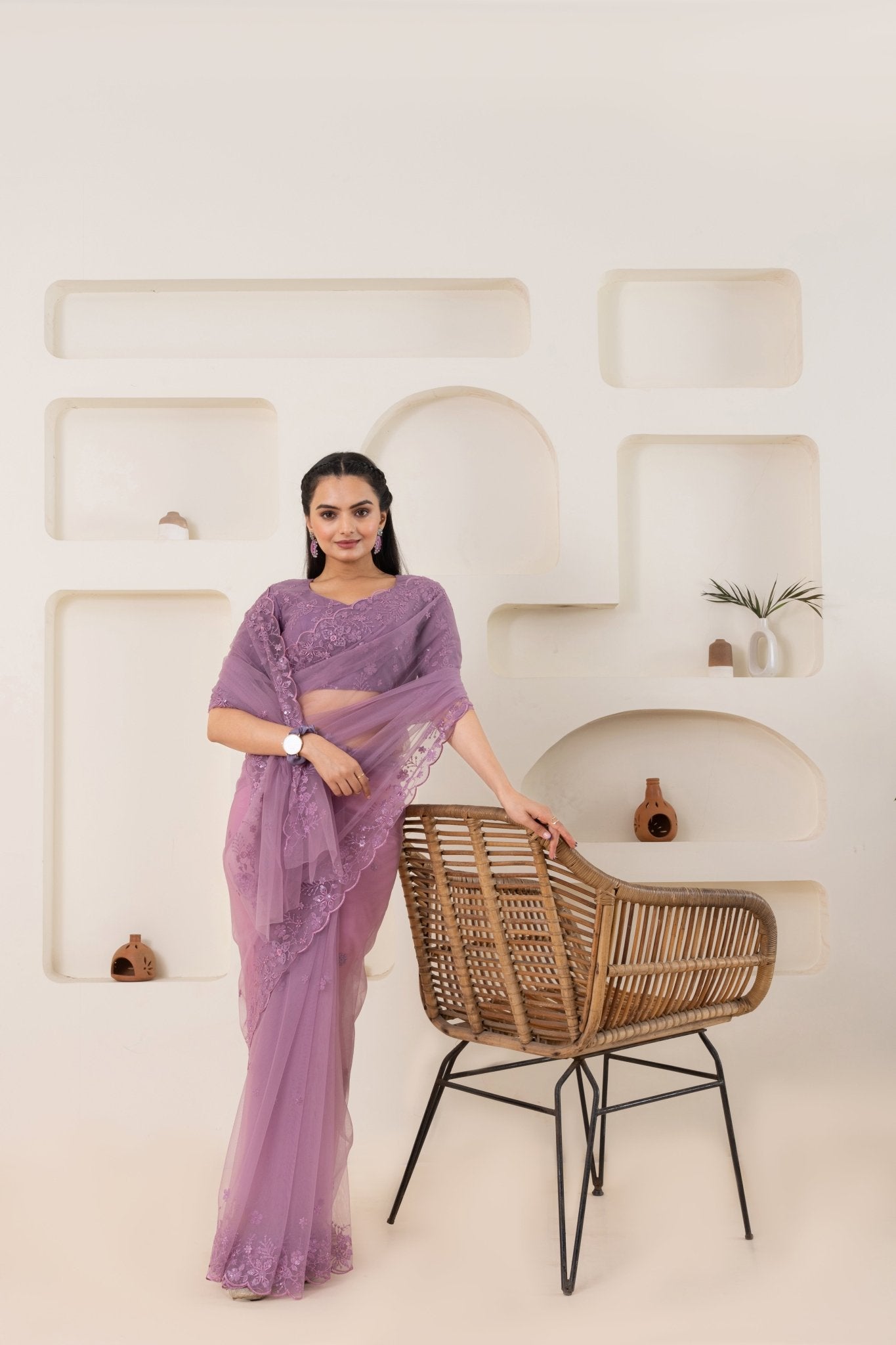 Lavender Embroidery Saree Set (Saree With Blouse Piece) - doeraa