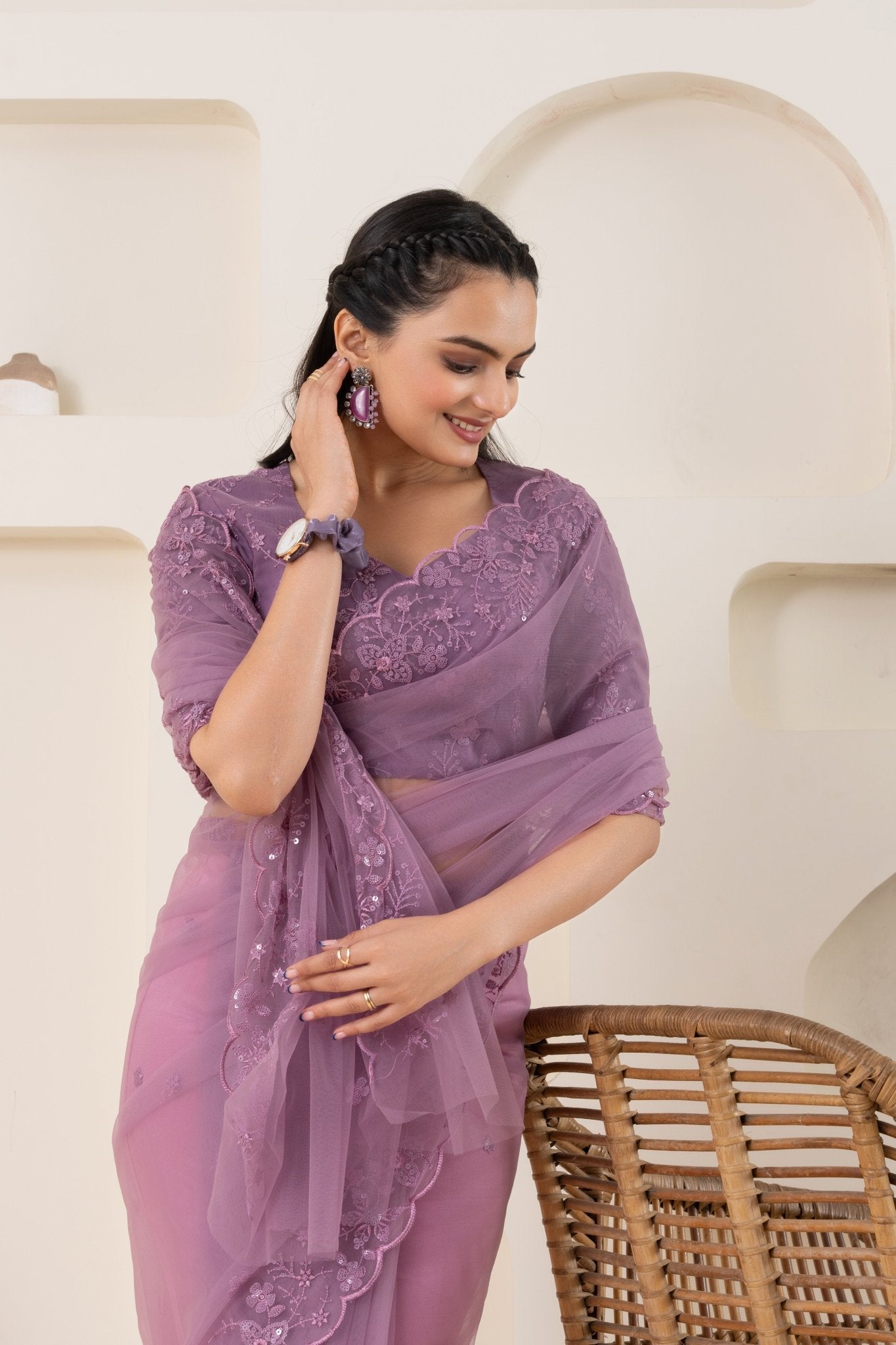 Lavender Embroidery Saree Set (Saree With Blouse Piece) - doeraa