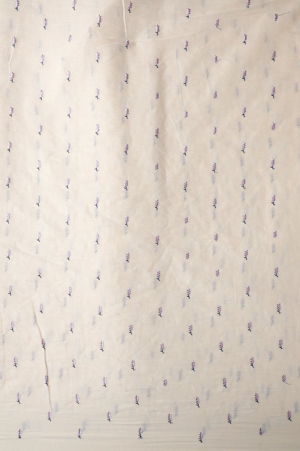 Lavender Small Leafy Embroidery On Off White Pure Cotton Fabric - doeraa
