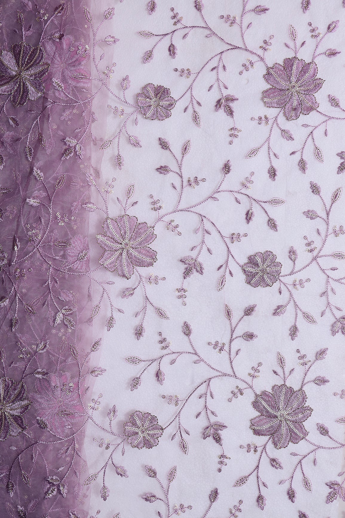 Lavender Thread & Beads With Gold Sequins Floral Leafy Embroidery Work On Lavender Soft Net Fabric - doeraa