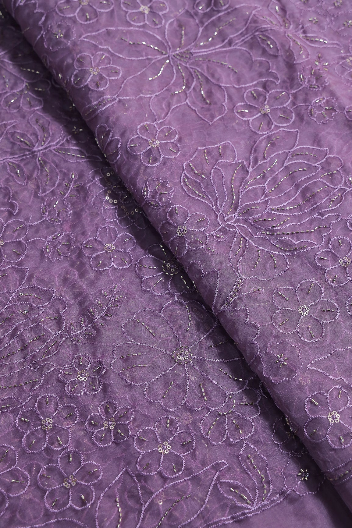Lavender Thread & Beads With Sequins Floral Embroidery Work On Lavender Organza Fabric - doeraa