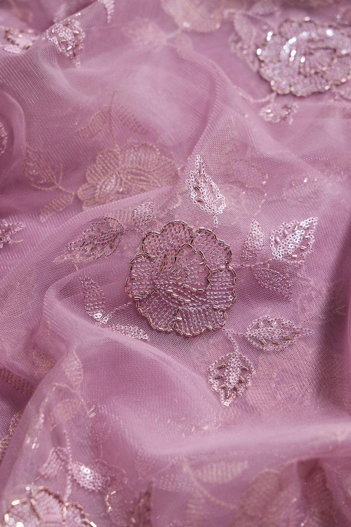 Lavender Thread & Beads With Water Sequins Floral Embroidery Work On Lavender Soft Net Fabric - doeraa