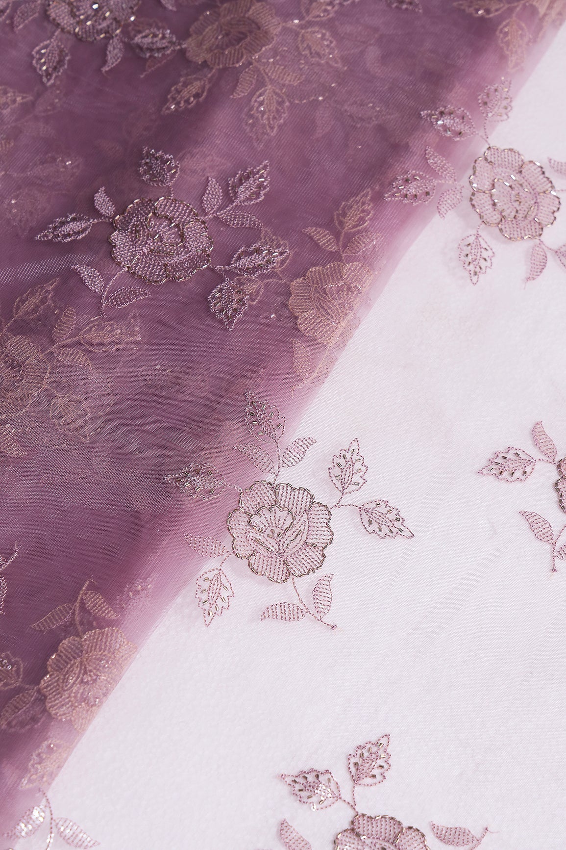 Lavender Thread & Beads With Water Sequins Floral Embroidery Work On Lavender Soft Net Fabric - doeraa