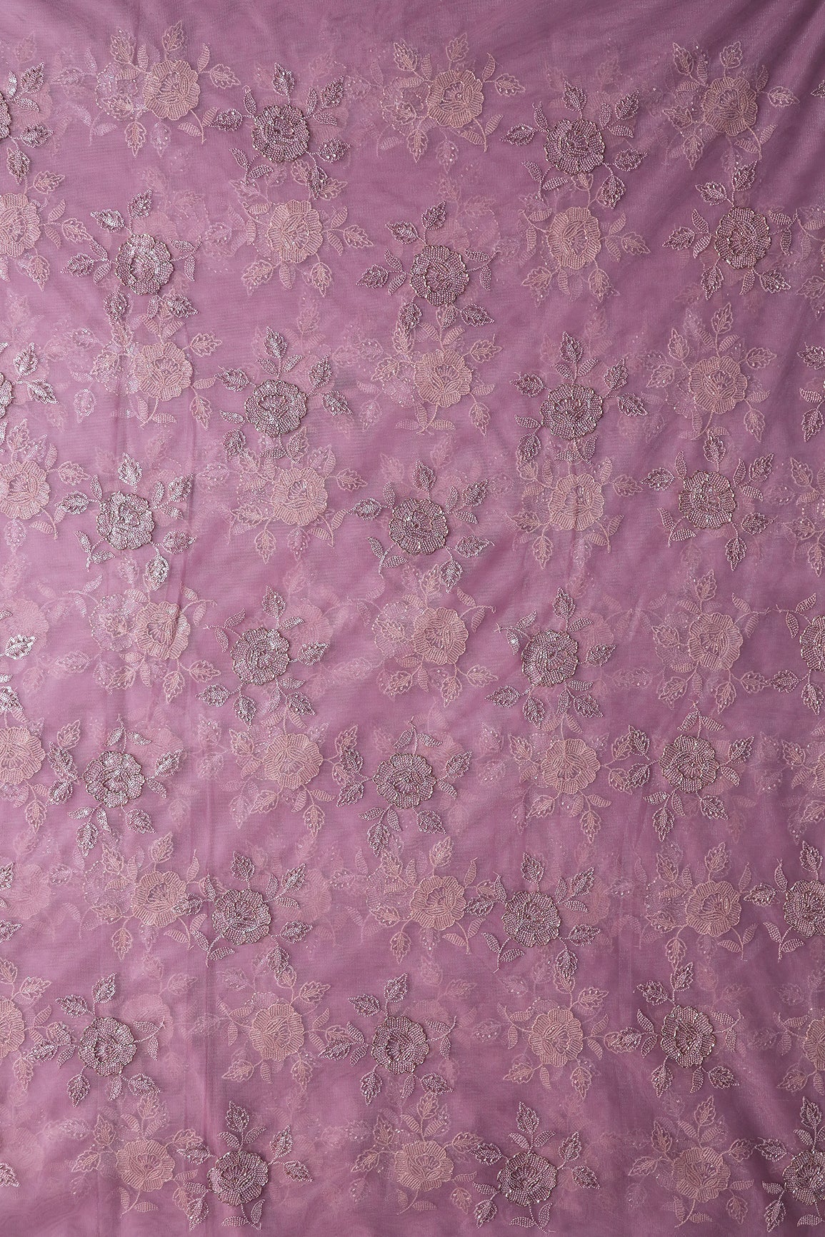 Lavender Thread & Beads With Water Sequins Floral Embroidery Work On Lavender Soft Net Fabric - doeraa