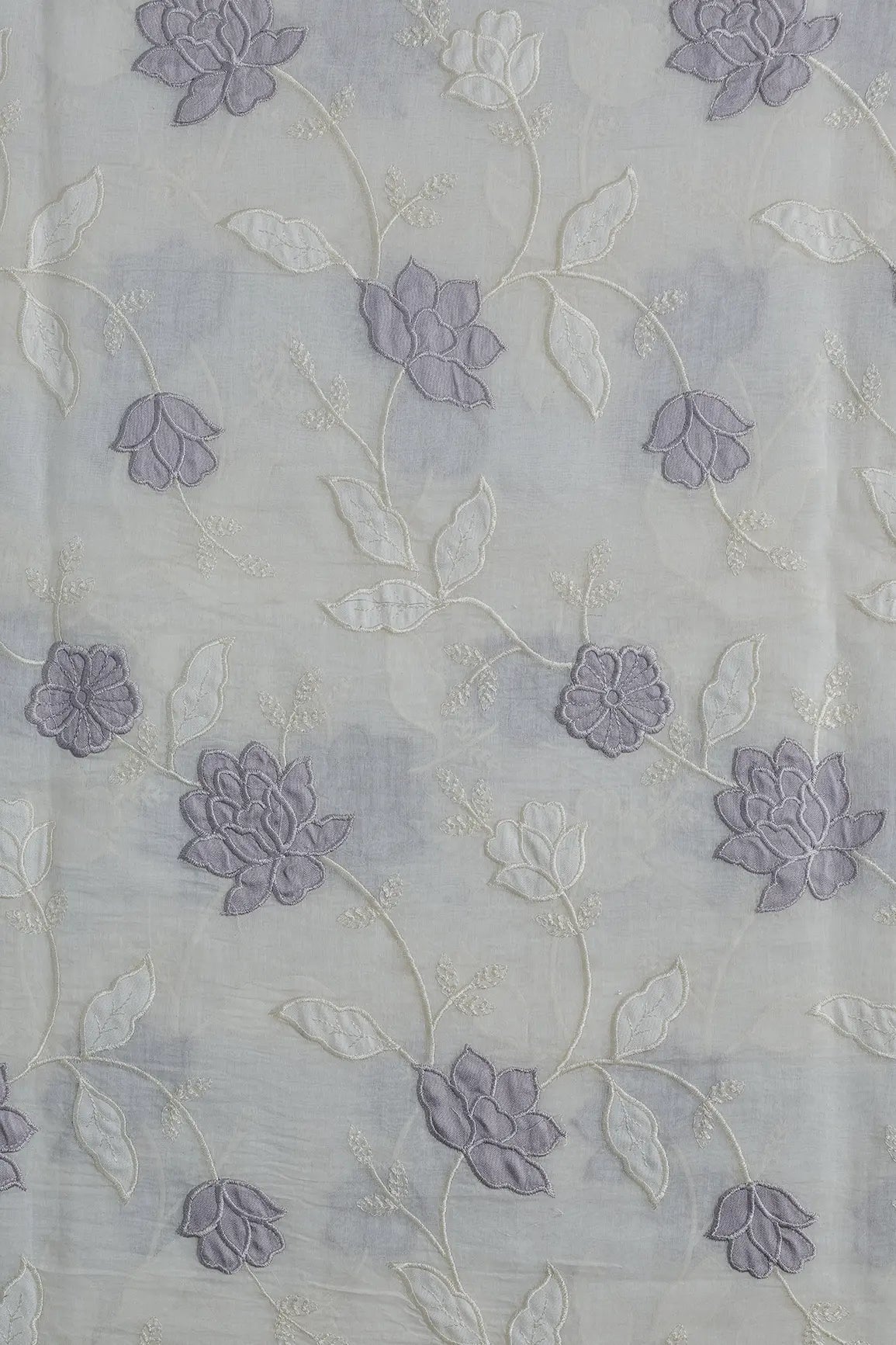 Lavender Thread Elegant Floral Embroidery Work On Off White Pure Mul Chanderi Silk Fabric - doeraa