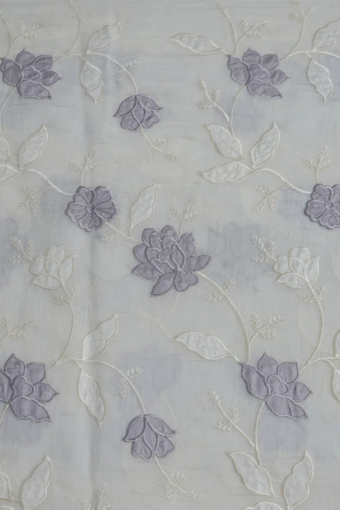 Lavender Thread Elegant Floral Embroidery Work On Off White Organic Cotton Fabric