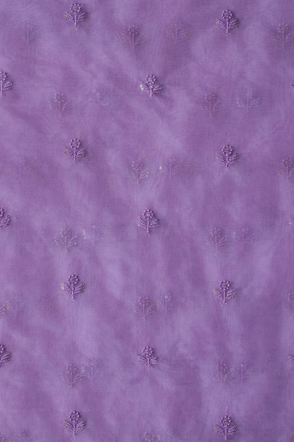 Lavender Thread With Sequins Beautiful Small Floral Motif Embroidery Work On Lavender Organza Fabric - doeraa
