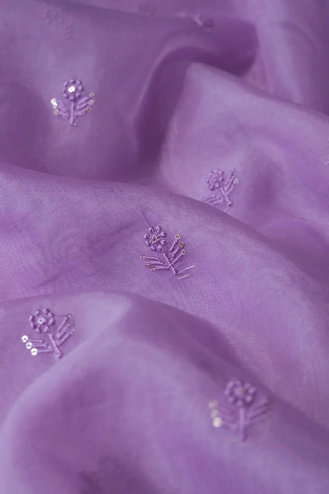 Lavender Thread With Sequins Beautiful Small Floral Motif Embroidery Work On Lavender Organza Fabric - doeraa