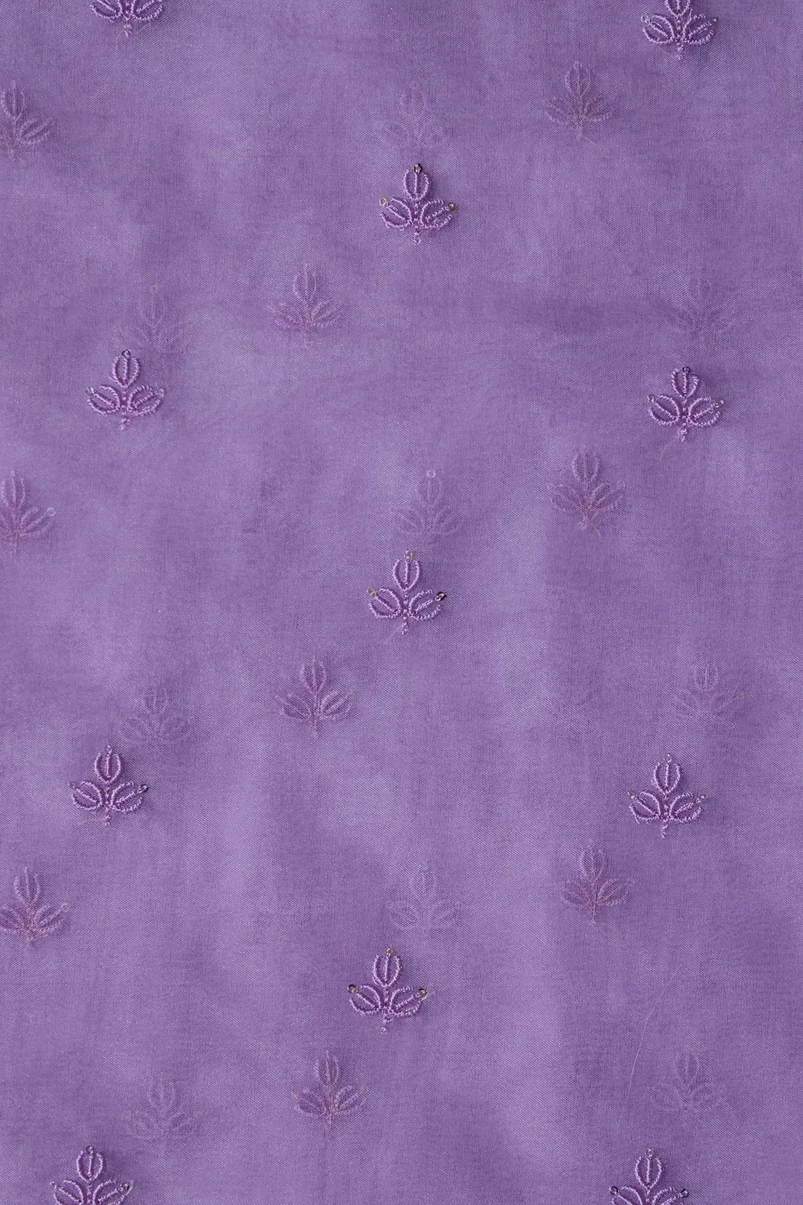 Lavender Thread With Sequins Beautiful Small Leafy Embroidery Work On Lavender Organza Fabric - doeraa