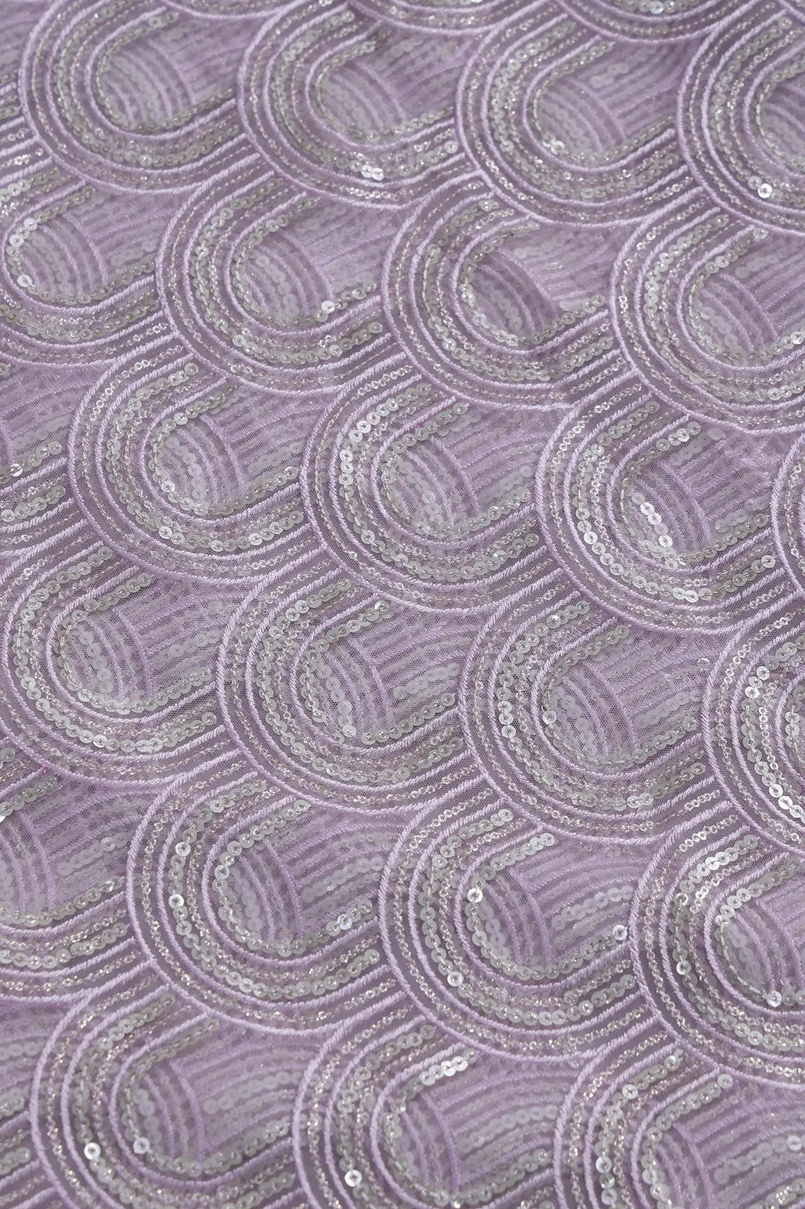 Lavender Thread With Silver Sequins Abstract Embroidery Work On Lavender Soft Net Fabric - doeraa