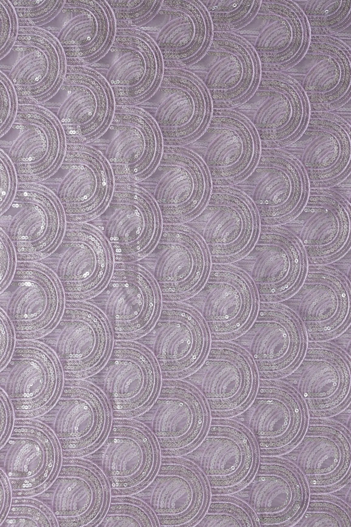 Lavender Thread With Silver Sequins Abstract Embroidery Work On Lavender Soft Net Fabric - doeraa
