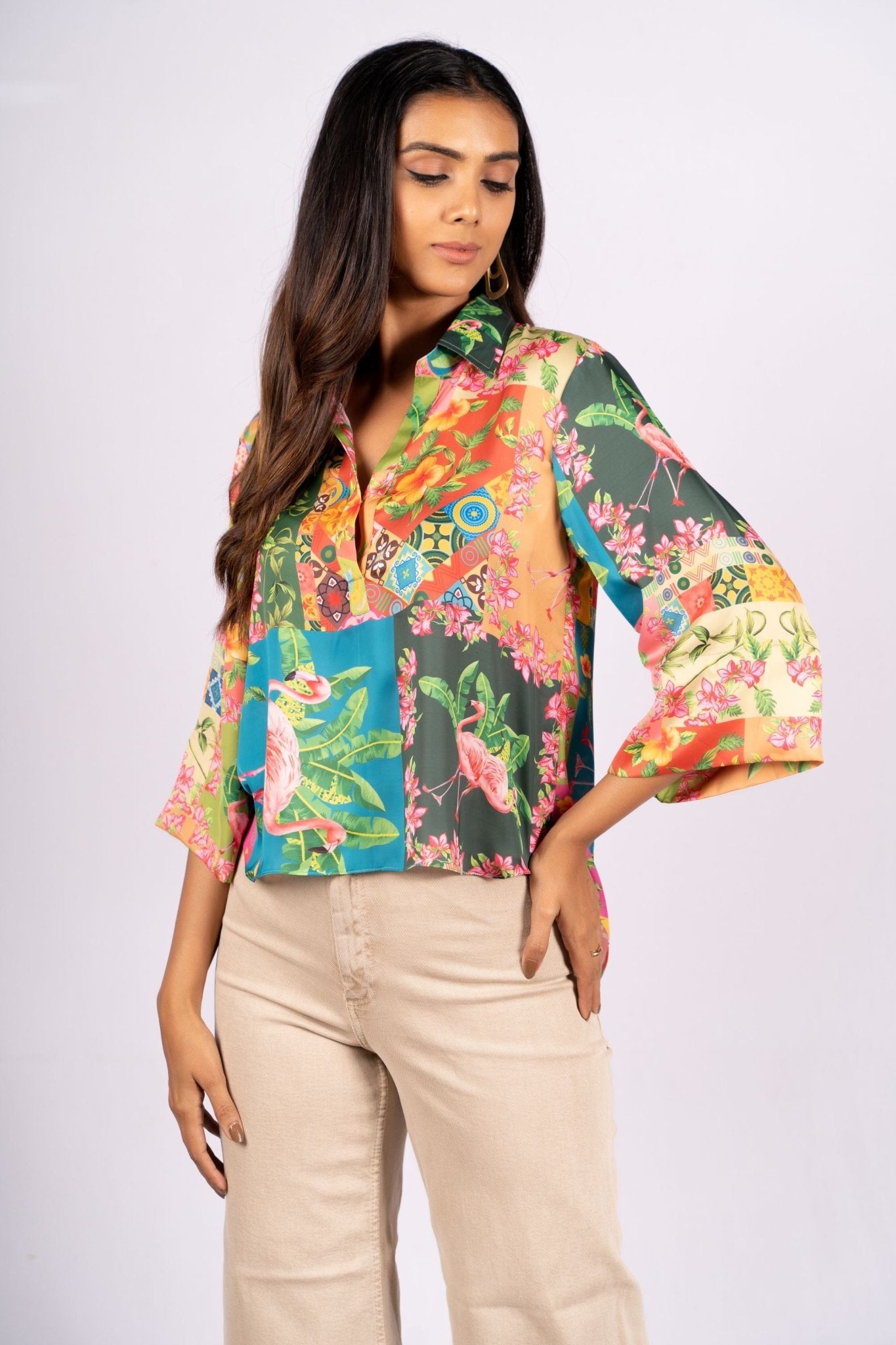 Lea Botanical Patch Print Satin Crop Shirt - doeraa