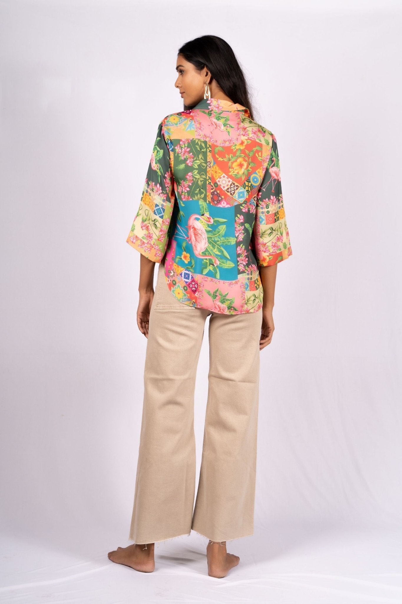 Lea Botanical Patch Print Satin Crop Shirt - doeraa