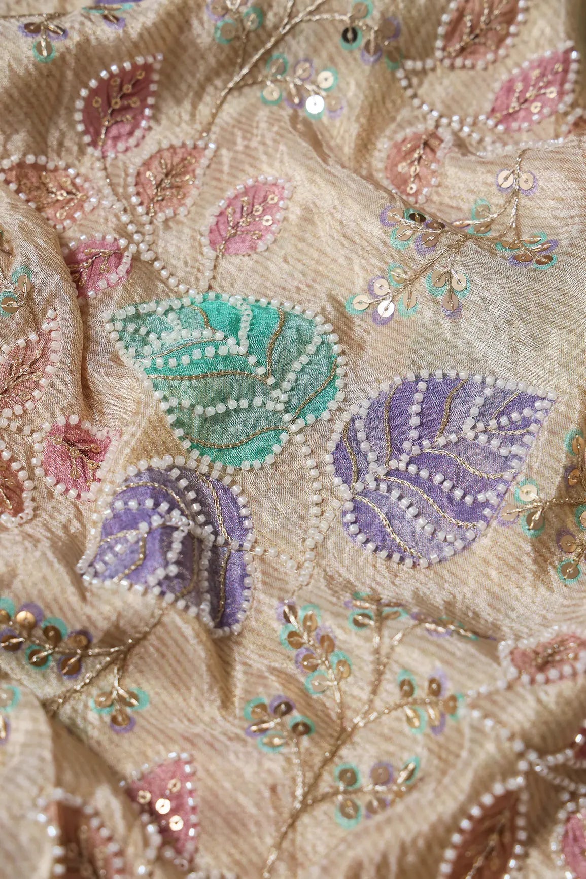 Leafy Position Print With White Beads And White Sequins Embroidery On Light Beige Viscose Zari Tissue Fabric - doeraa