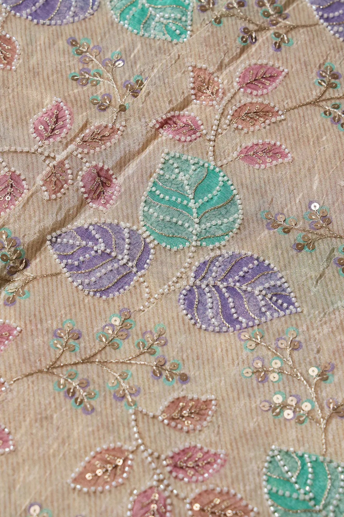 Leafy Position Print With White Beads And White Sequins Embroidery On Light Beige Viscose Zari Tissue Fabric - doeraa