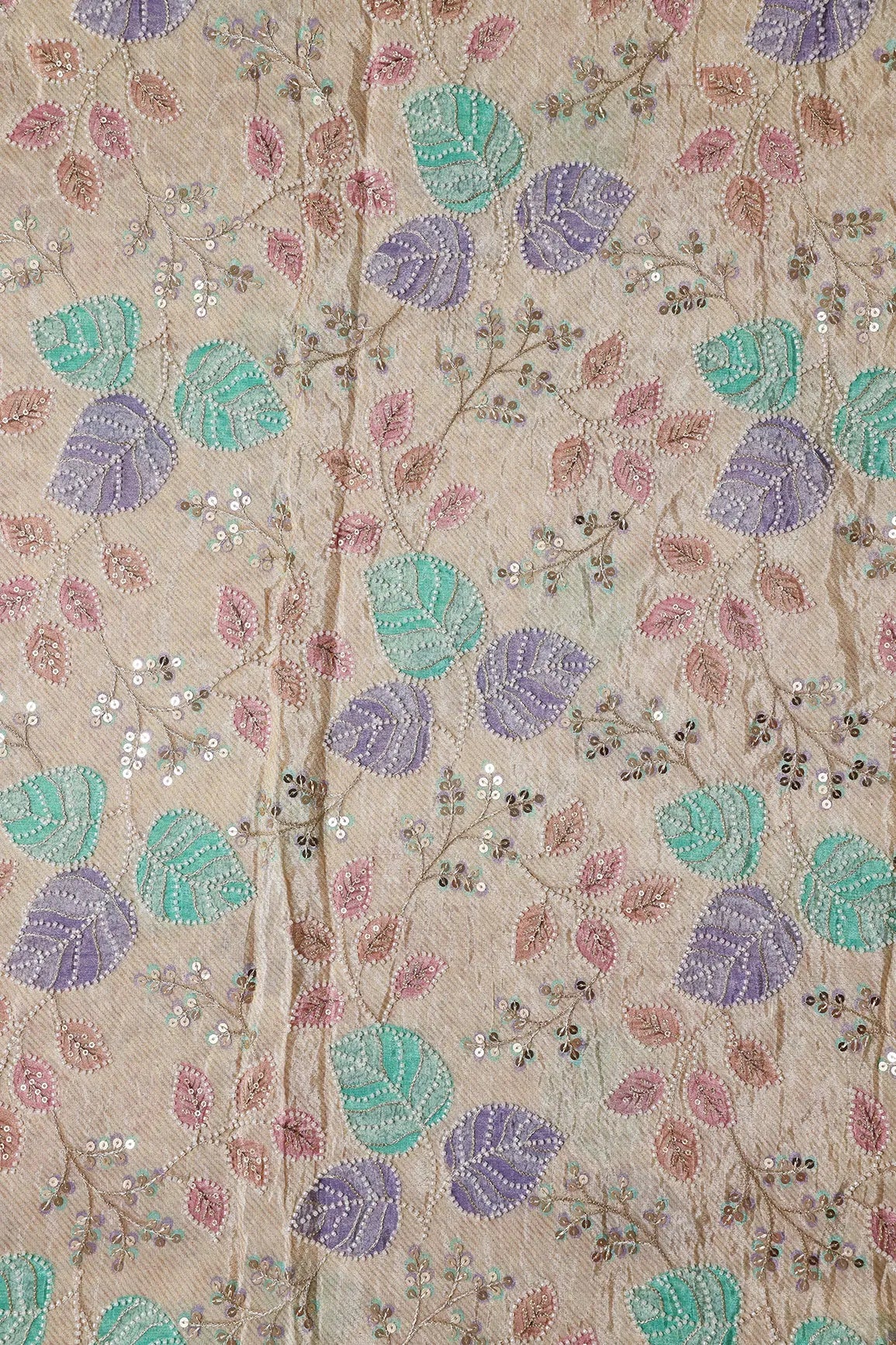 Leafy Position Print With White Beads And White Sequins Embroidery On Light Beige Viscose Zari Tissue Fabric - doeraa