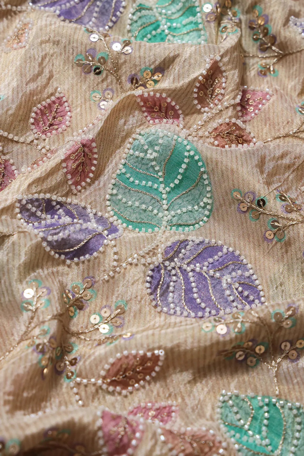 Leafy Position Print With White Beads And White Sequins Embroidery On Light Beige Viscose Zari Tissue Fabric - doeraa