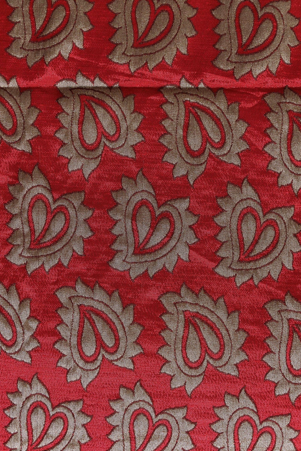 Leafy Red Double Cloth Jacquard Banarasi Fabric - doeraa