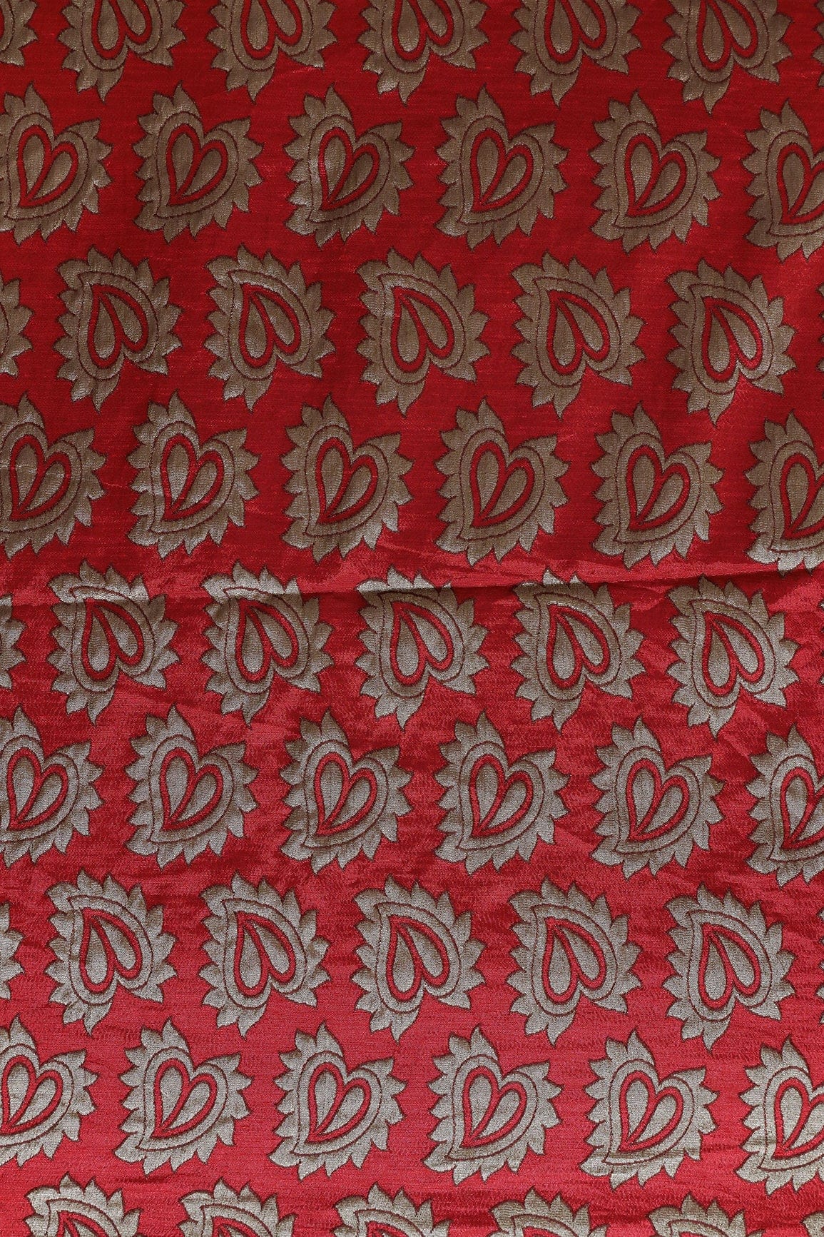 Leafy Red Double Cloth Jacquard Banarasi Fabric - doeraa