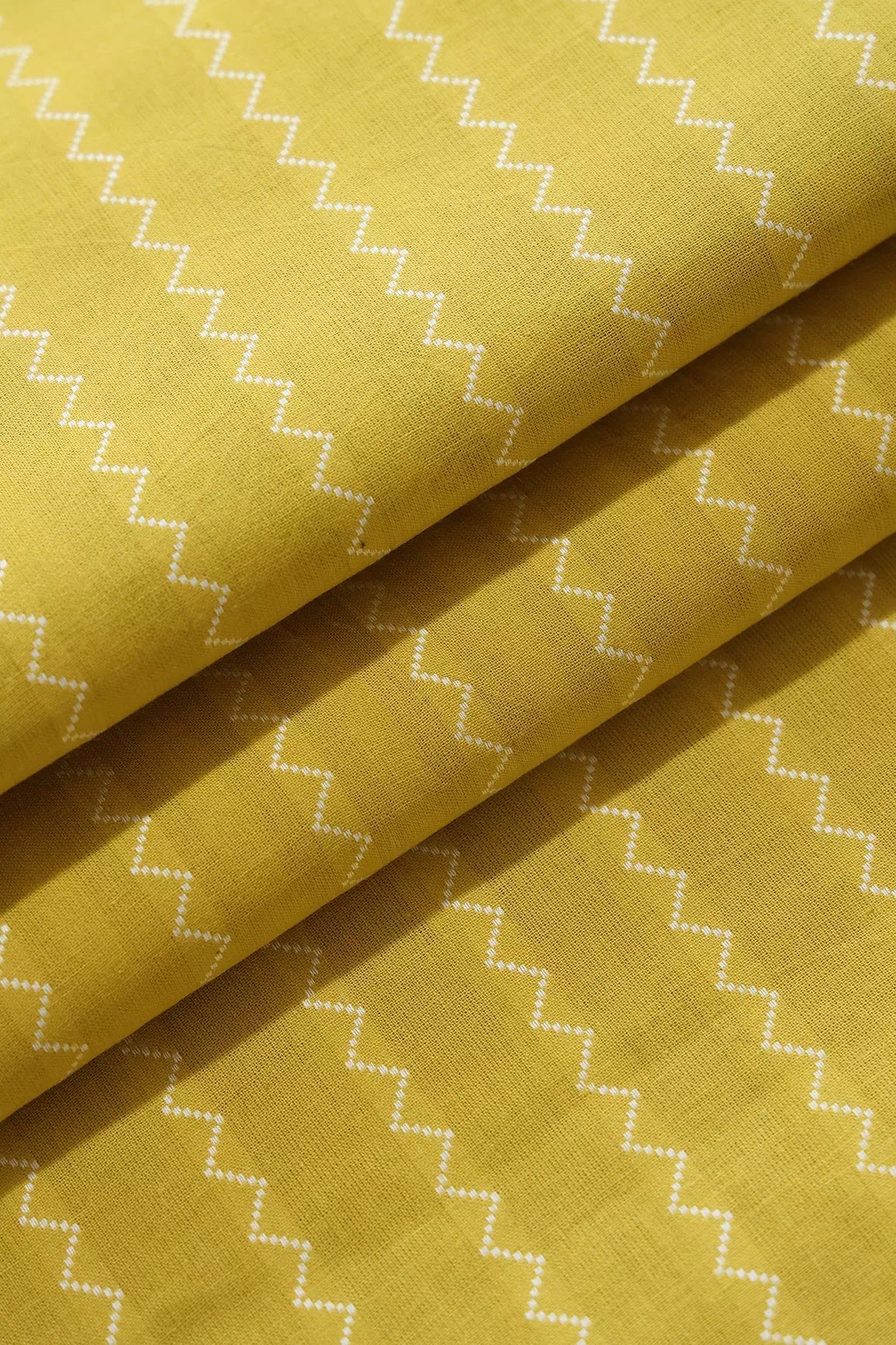 Lemon Yellow And White Chevron Pattern On Handwoven Organic Cotton Fabric - doeraa