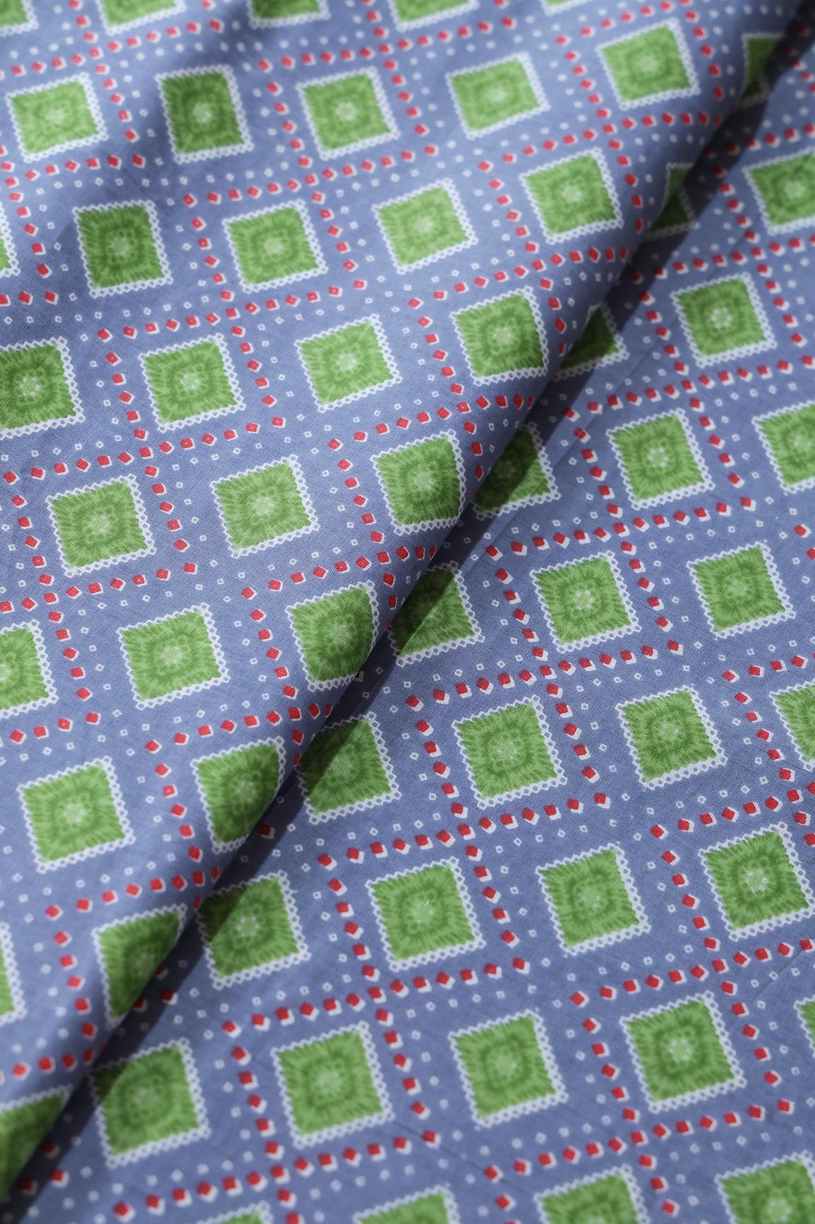 Light Blue And Green Bandhani Print On Pure Cotton Fabric - doeraa